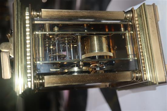 An early 20th century French brass eight day repeating carriage clock, retailed by Frodsham